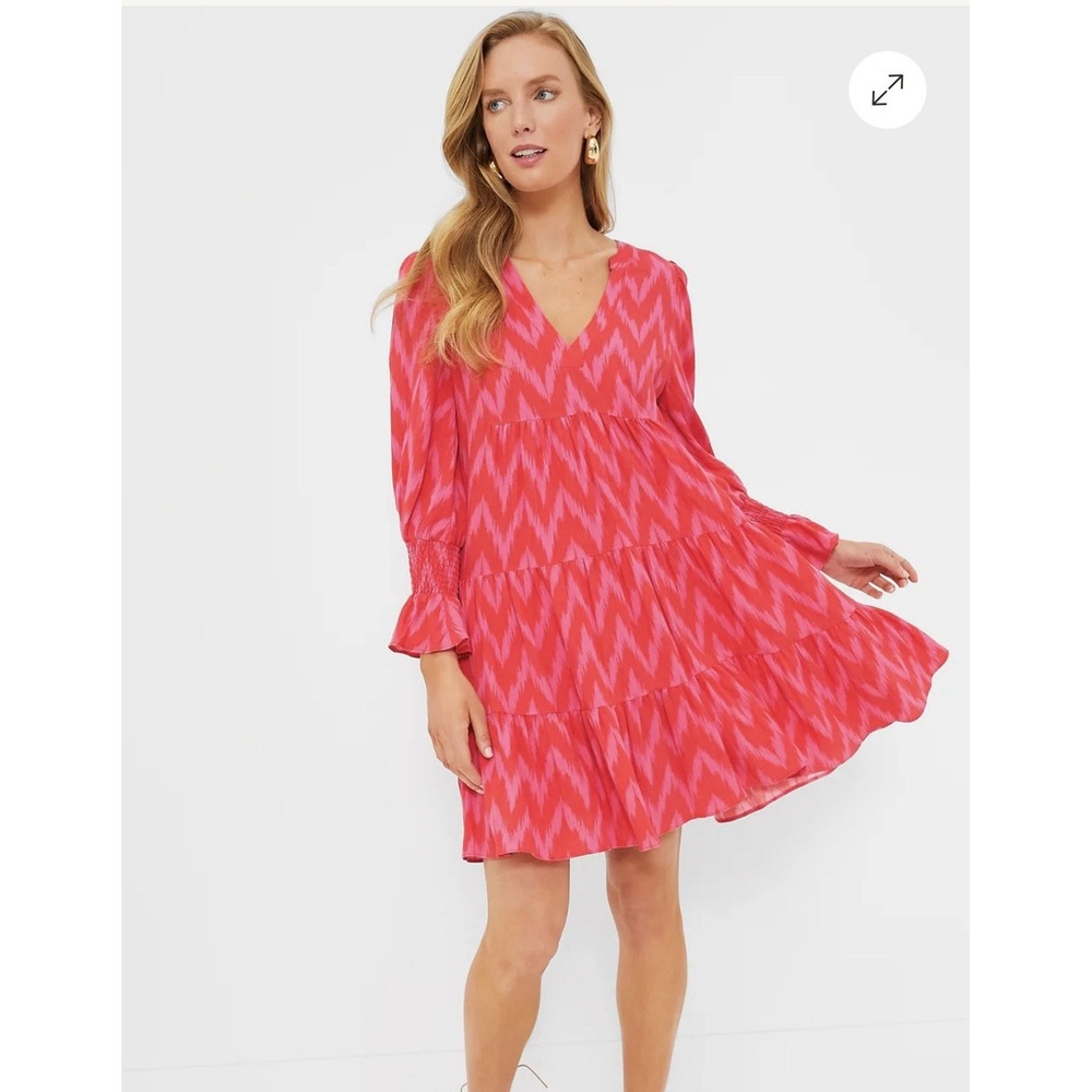 Pomander Place Dress Hot Pink Kenzo Irate Print V-neck Tiered Long Sleeve Large